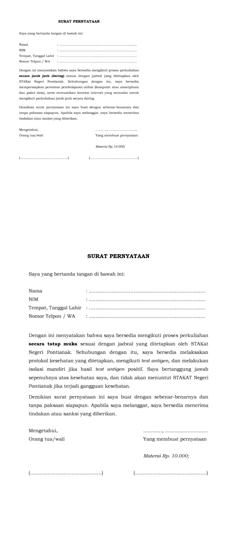 Surat pernyataan kuliah tatap muka & jarak jauh